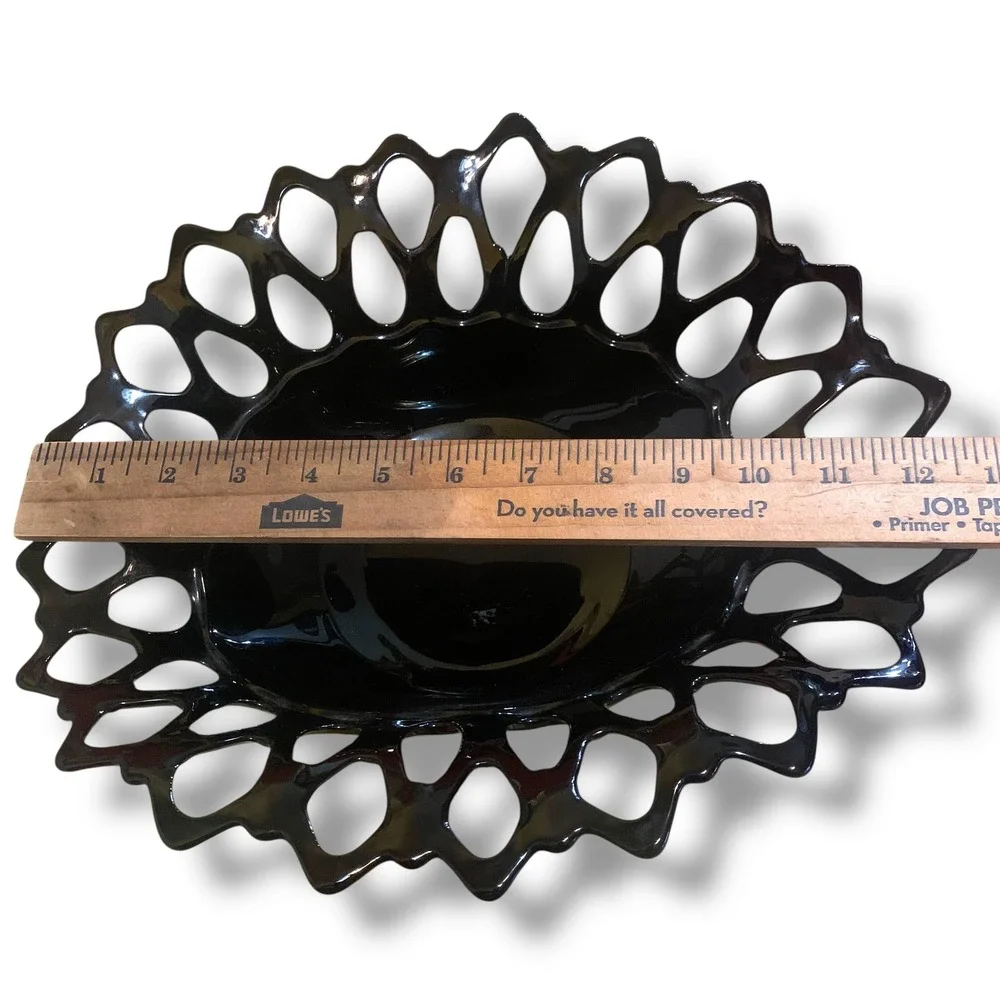 Vintage Black Amethyst Glass Lattice Edge Reticulated Oval Centerpiece Bowl 12in